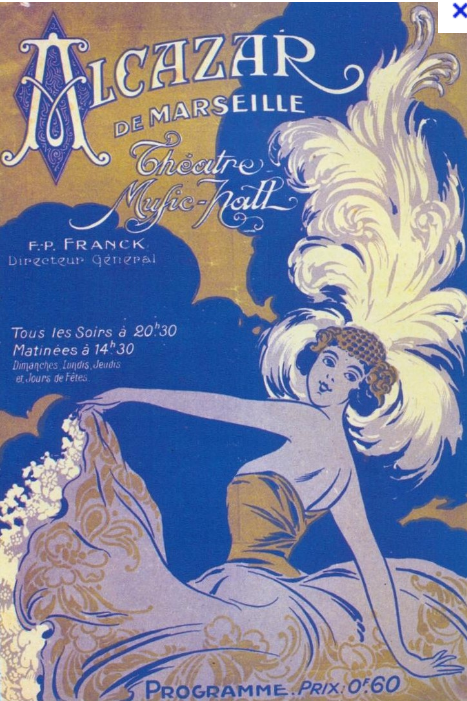 Affiche ancienne de l'Alcazar représentant une danseuse avec une tenue en plumes