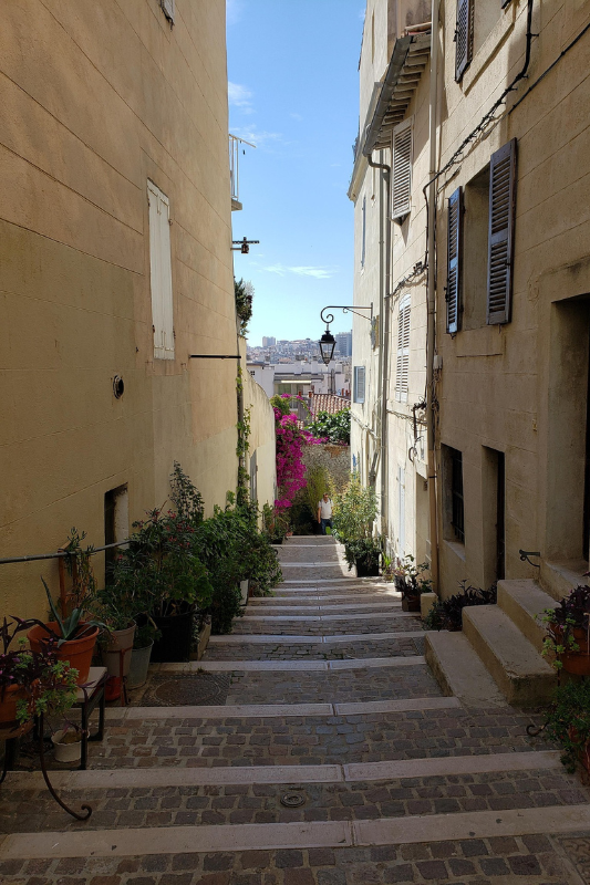 une rue du Panier fleurie et toute en escalier, au loin la ville